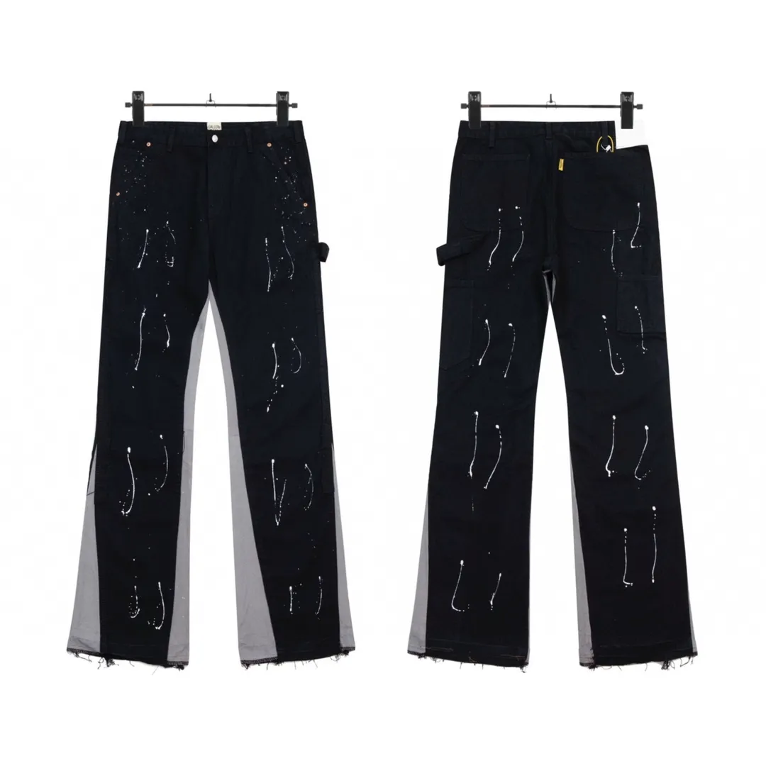 #8060 P220💰 GALLERY DEPT. Spliced ​​washed vintage jeans for men and women, high street splashed ink trousers, micro-flared casual trousers, trendy couples, the same style. Time-consuming waste materials, hand-made inkjet is an indispensable highlight.   Customized buttons, the buckle surface has been oxidized and distressed, customized ykk zippers, the minimum order is extremely high, the details of the accessories are all in place, and the hangtag and packaging are as always.  Color: Black Size: S-XXL (corresponding to 28-36)